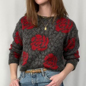 Vintage Cropped Wool Oversized Knit Crew Neck Floral Rose Romantic Preppy Crop